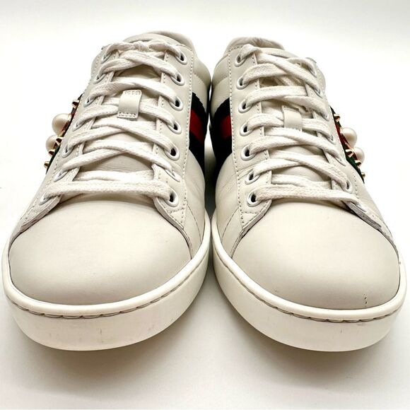 Gucci Ace Trainers Pearl Studded Web White Leather Low Top Sneakers EU 38 US 8 - Picture 6 of 13
